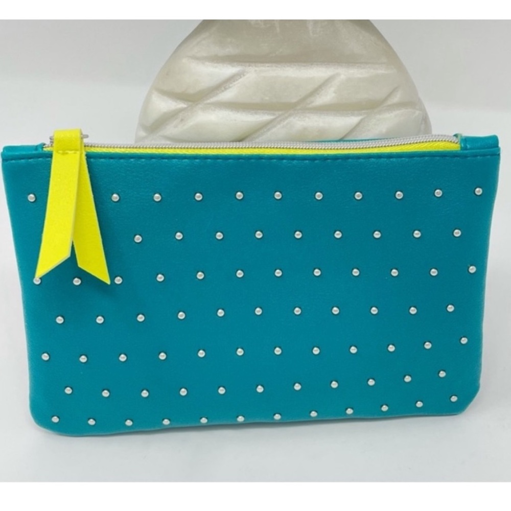 Studded Makeup Bag Faux Leather Zipper Teal Lime Green